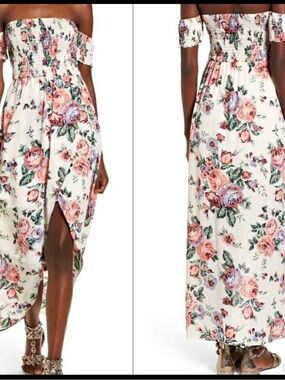 Off-Shoulder White Floral Maxi Dress with Smocked Bodice